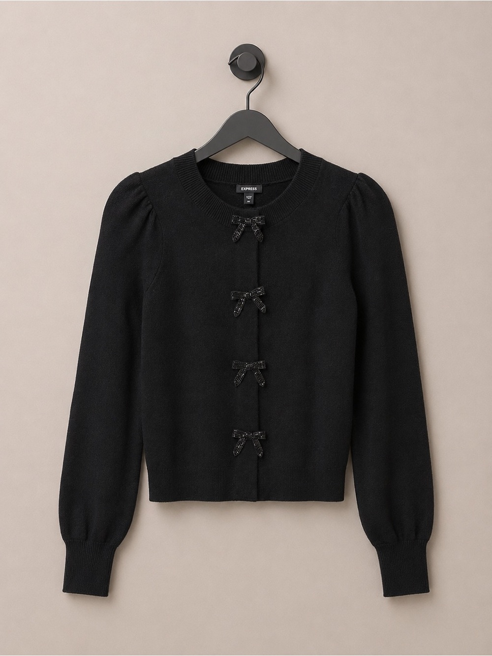 Express Black Beaded Bow Cardigan Sweater Women’s XS Puff Sleeve NWT